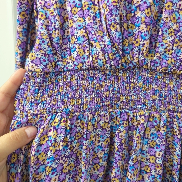 Zara Purple Blue Yellow Floral Puff Smocked Sleeve Sundress Mini, Deep Vneck, S - Picture 12 of 16